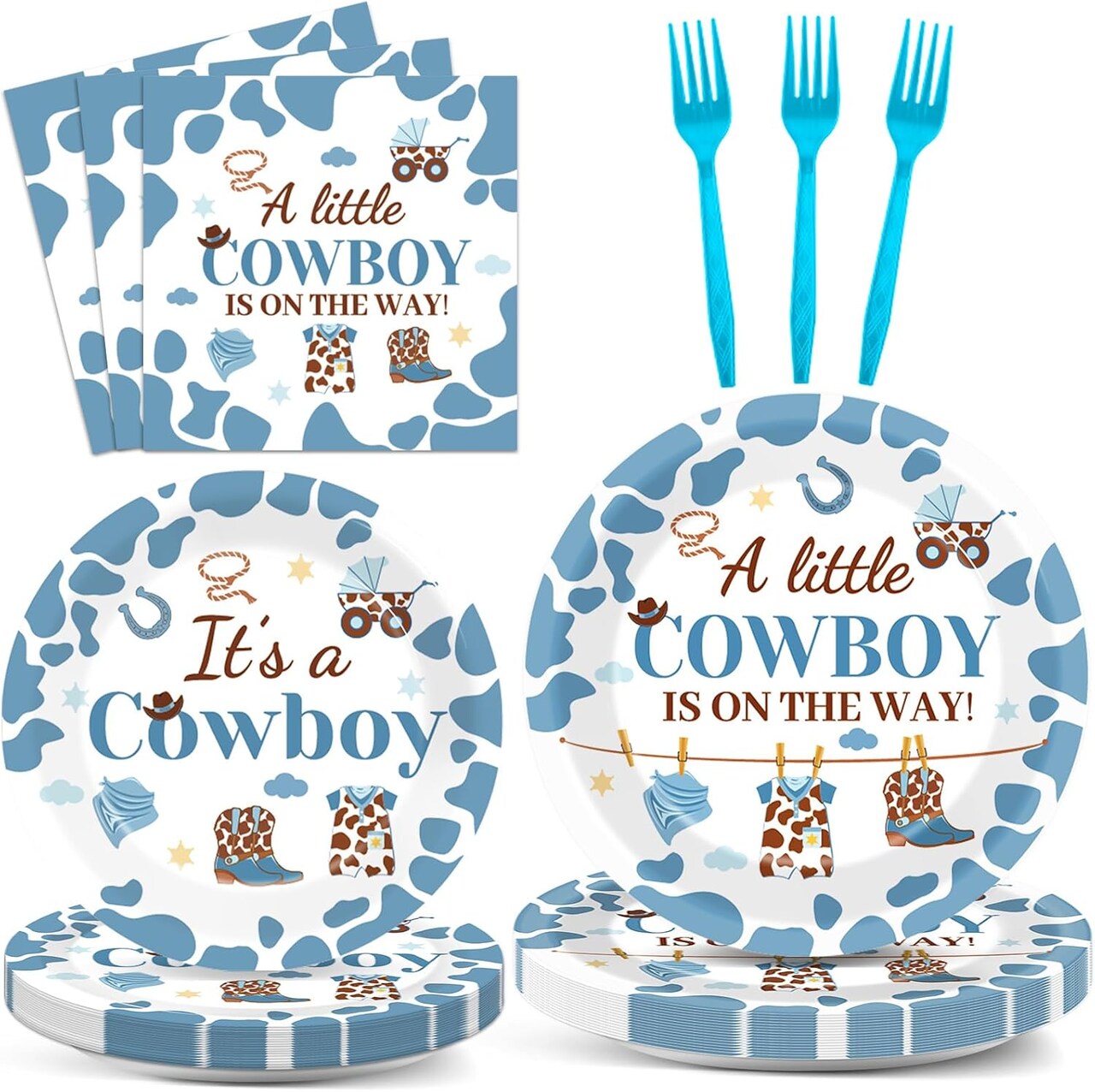 96 Pcs Western Cowboy Baby Shower Tableware Set for 24 Guests (Blue)